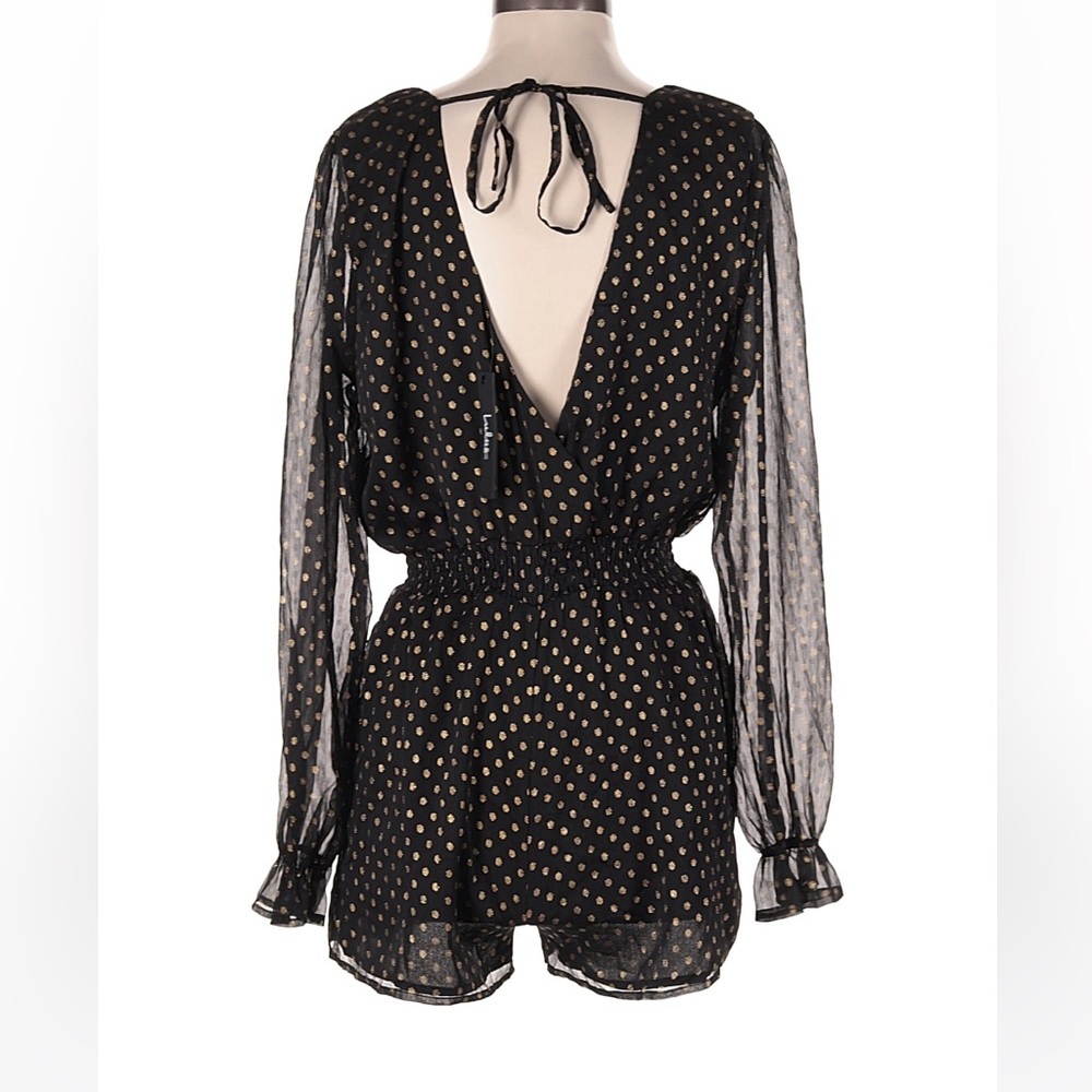 Lulus Evening Gold Dot Black Chiffon Romper Medium Sheer Sleeve V Neck Flowy NWT - Picture 3 of 6